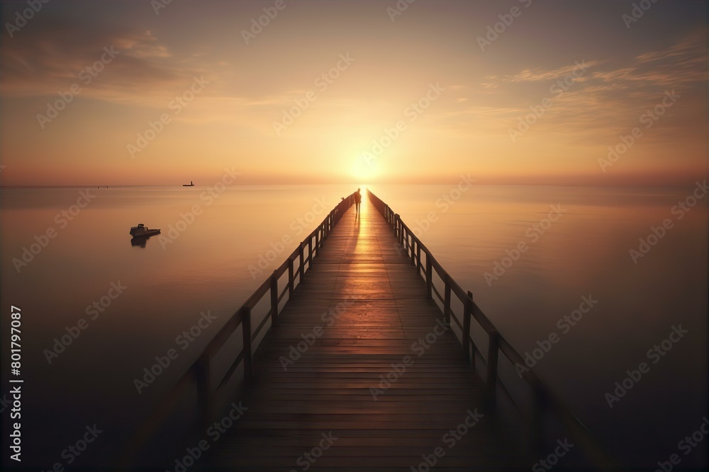 pier, lone, figure, standing, unusual, long, water, solitude, silhouette, serene, isolated, calm, tranquil, horizon, mysterious, ocean