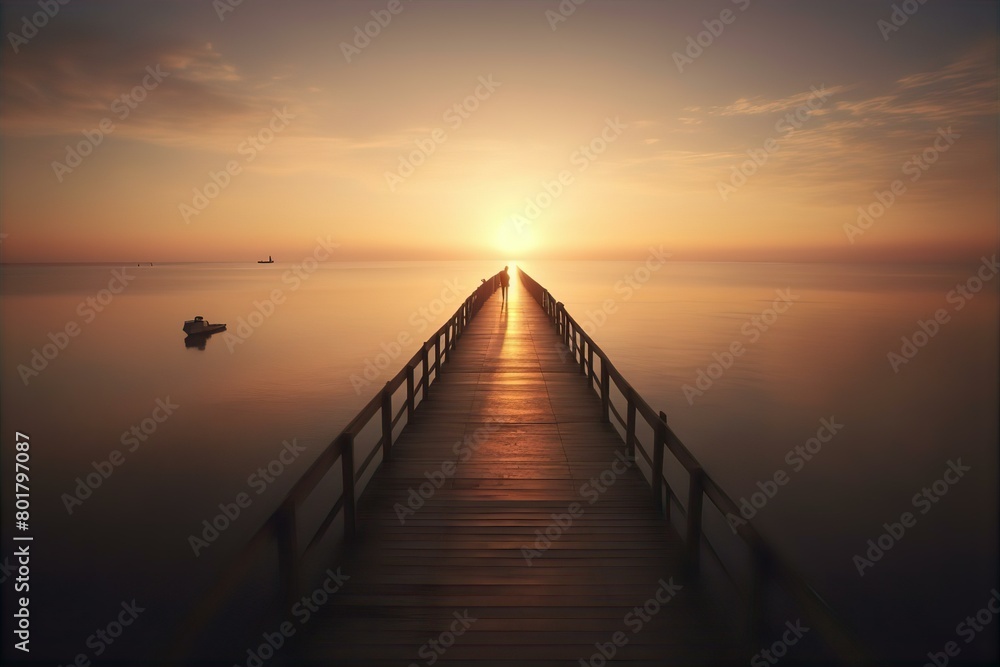 Fototapeta premium pier, lone, figure, standing, unusual, long, water, solitude, silhouette, serene, isolated, calm, tranquil, horizon, mysterious, ocean