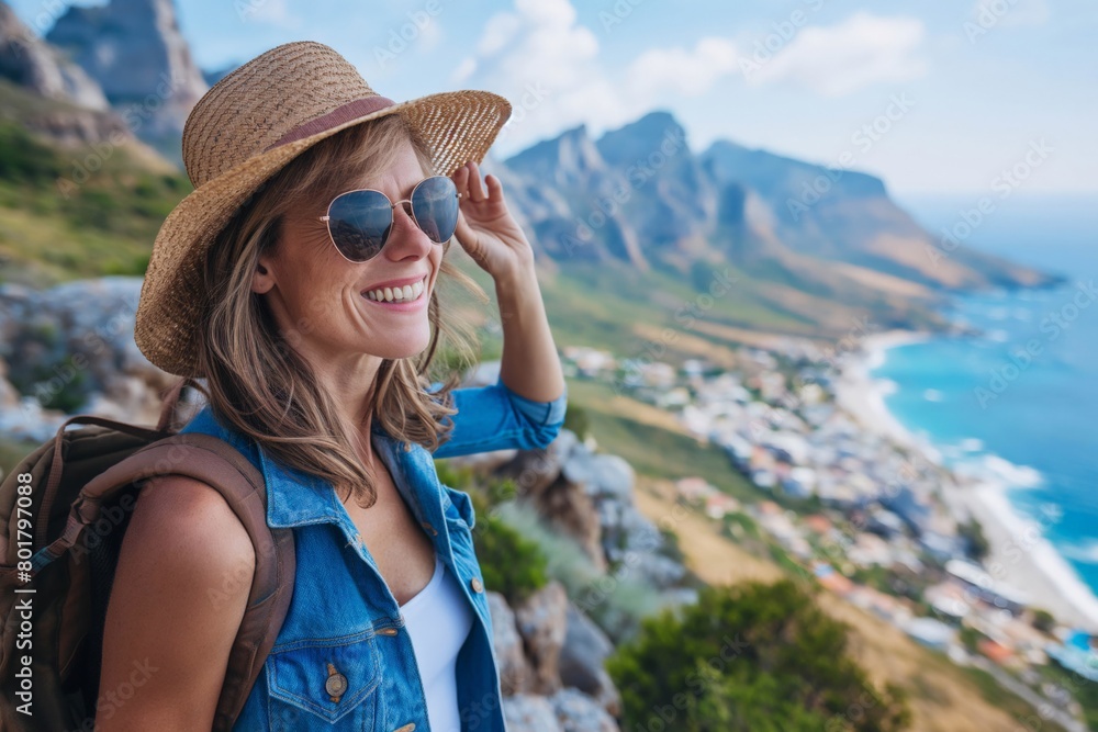 Smiling woman in sunglasses enjoying a scenic coastal hike
