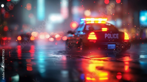 Blurred view of a police car on duty with flashing lights on a wet urban street at night