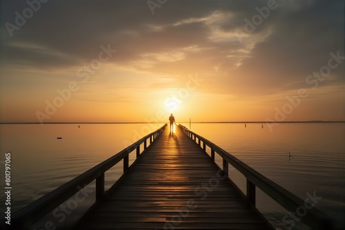 pier  lone  figure  standing  unusual  long  water  solitude  silhouette  serene  isolated  calm  tranquil  horizon  mysterious  ocean