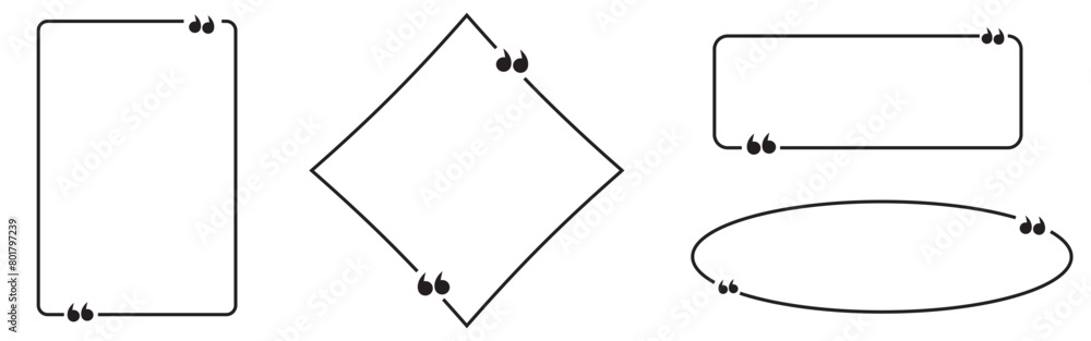 Text quote frame vector template. Info speech bubble shapes set for quotation box background. Colored note textbox design for chat or feedback description. Empty geometric message frames Text quote frame vector template. Info speech bubble shapes set for quotation box background. Colored note textbox design for chat or feedback description. Empty geometric message frames