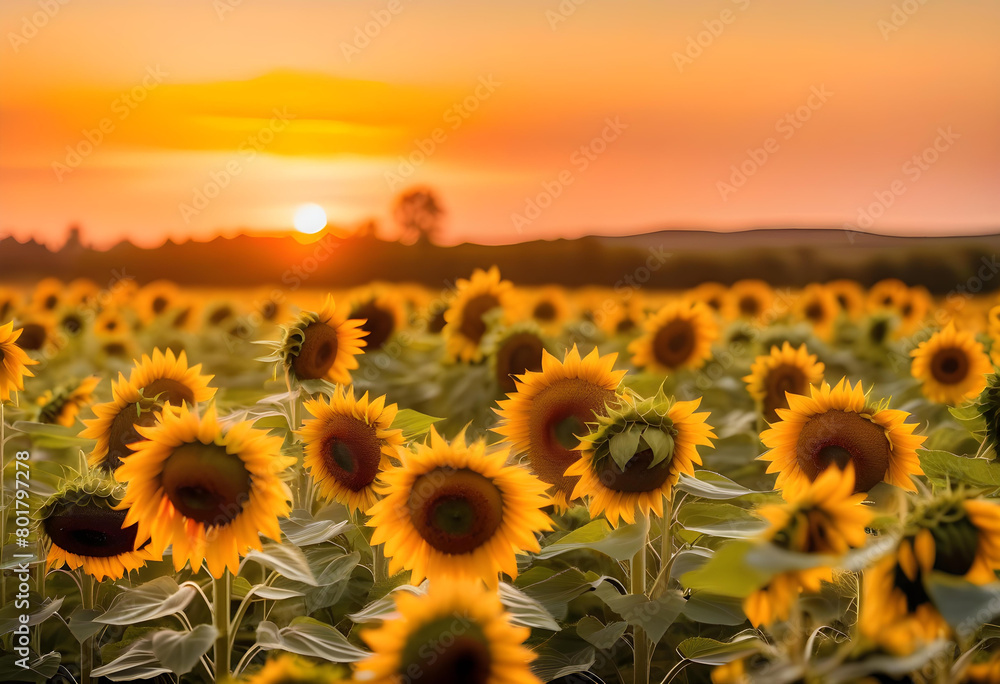 A field of sunflowers with a golden sunset in the background, creating a warm and vibrant scene.