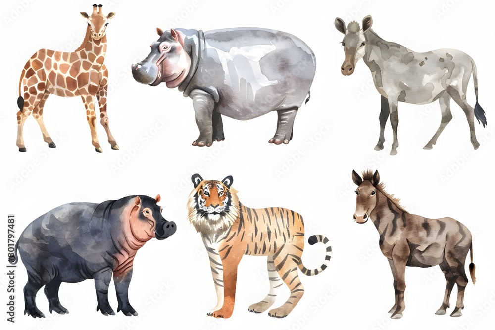 Fototapeta premium Vivid Tropical Scene with Hippopotamus, Tiger, Pig, and Squirrel in a Jungle Setting