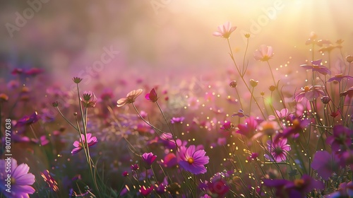 Wild cosmos, soft lavender matte background, ecoconservation magazine cover, serene early morning lighting, eyelevel shot photo