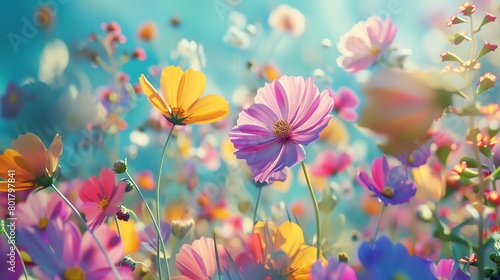 Array of multicolored cosmos, cheerful turquoise background, spring festival magazine cover, brilliant natural light, full page display © Pornsurang