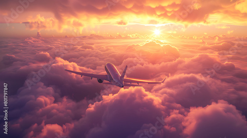 Commercial airplane jetliner flying above dramatic clouds in beautiful sunset light. Travel concept