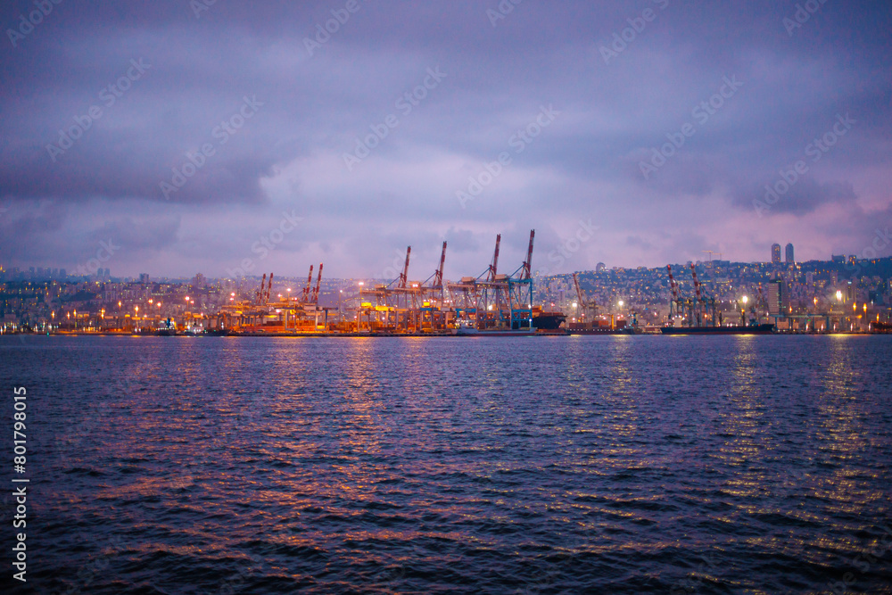 Haifa port.  Container terminal. view of the port and city at night..Haifa. Israel.