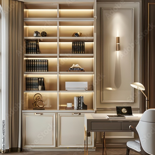 study room with bookcase module storage methods, light luxury style