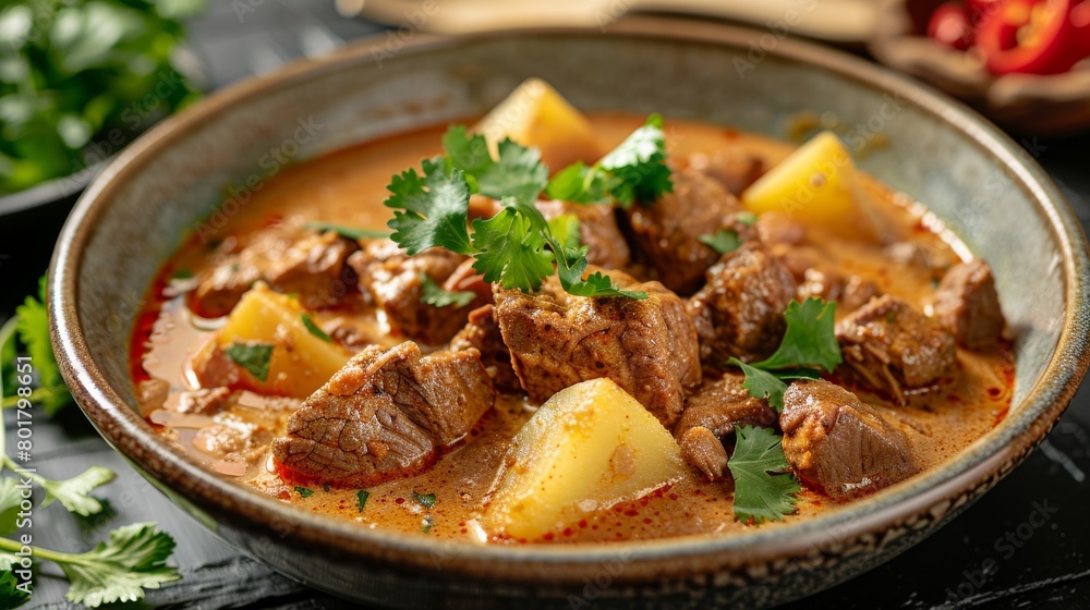 Close-up of beef Massaman curry with potatoes and sprinkled cilantro in a rustic bowl