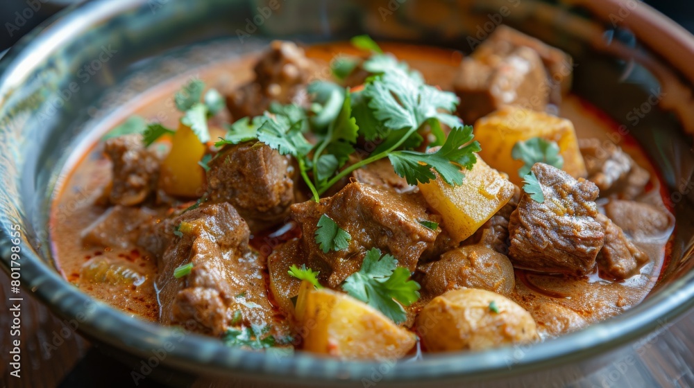 Massaman beef curry with potatoes and carrots topped with cilantro in a traditional bowl Massaman beef curry with potatoes and carrots topped with cilantro in a traditional bowl