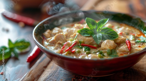 Green chicken curry with red chilies and basil leaves in a deep ceramic bowl photo