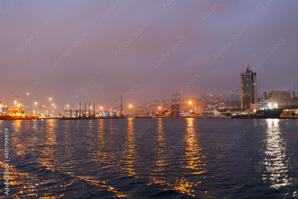 Haifa port.  Container terminal. view of the port and city at night..Haifa. Israel.