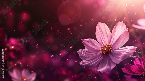 Pink and white cosmos, rich burgundy background, romantic themes magazine cover, warm backlight, centered and lush