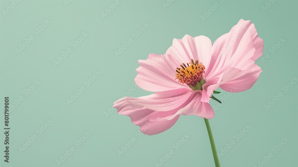 Single pink cosmos, pastel green backdrop, gardening magazine cover, subtle ambient light, closeup view