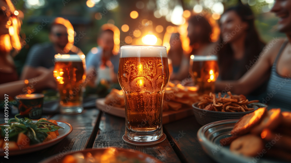 Refreshing craft beer glass against a blurred background of a friend group having fun with snacks outdoors at sunset.