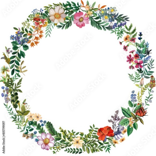 circular frame, colorful forest flower theme, a few small flowers, white background, white center © STOCKYE STUDIO