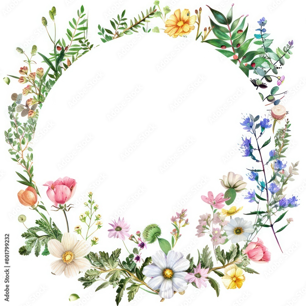 circular frame, colorful forest flower theme, a few small flowers, white background, white center