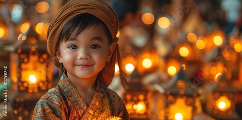 Ai Generative photo of a happy muslim boy with ramadan lanterns in streets