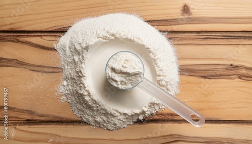 Top view of creatine sports food supplement on a wooden table.
 photo