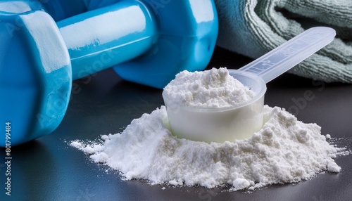 Macro view of creatine powder sports food supplement. Dumbbell and towel in the composition.
