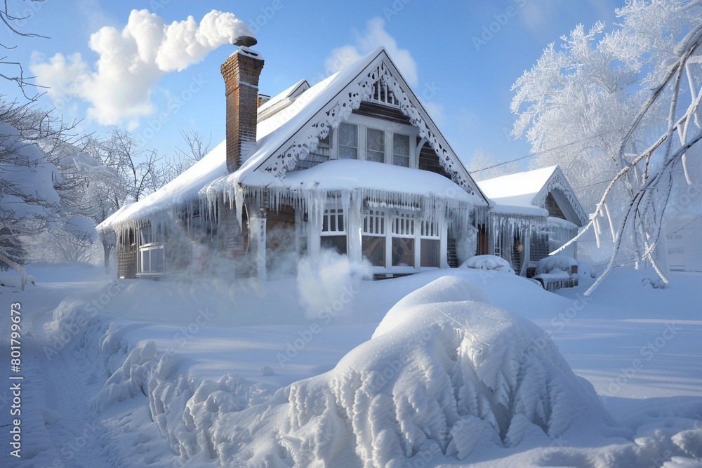 An antique craftsman house enveloped in a thick layer of snow, with smoke curling up from its chimney and icicles adorning the eaves, creating a picture of winter wonder. An antique craftsman house enveloped in a thick layer of snow, with smoke curling up from its chimney and icicles adorning the eaves, creating a picture of winter wonder.