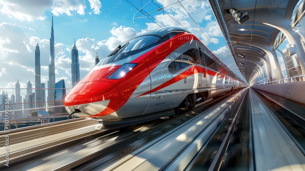 high speed train with the city as background, blue sky and white clouds high speed train with the city as background, blue sky and white clouds