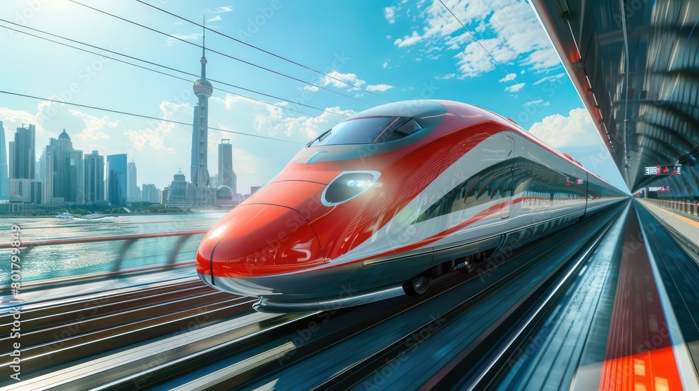 high speed train with the city as background, blue sky and white clouds