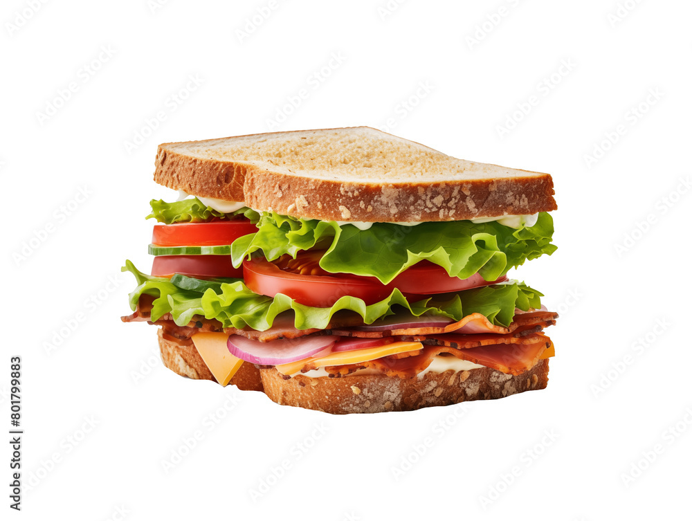 A towering deli sandwich with layers of ham, turkey, cheese, lettuce, and tomato on whole grain bread, isolated on transparent background. Generative AI A towering deli sandwich with layers of ham, turkey, cheese, lettuce, and tomato on whole grain bread, isolated on transparent background. Generative AI