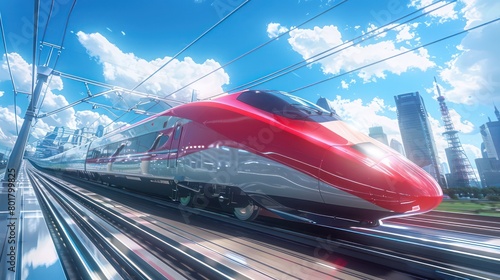 high speed train with the city as background  blue sky and white clouds