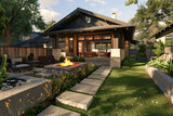 A 3D render of a Craftsman bungalow in the heart of Austin, Texas, with an open-concept layout, modern interior updates, and a backyard oasis featuring native plants and a fire pit.