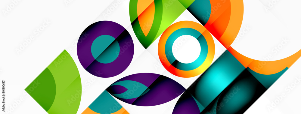 A vibrant display of colorful geometric shapes on a white canvas, showcasing the beauty of Art, Magenta tints, Pattern symmetry, and Illustration in Visual arts A vibrant display of colorful geometric shapes on a white canvas, showcasing the beauty of Art, Magenta tints, Pattern symmetry, and Illustration in Visual arts