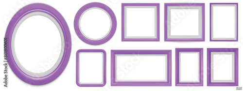 Set of purple modern frame isolated on white background. Realistic rectangle, circle, oval Photo purple frames mockup. Classic Borders set for painting, and photo gallery. 3d vector illustration.