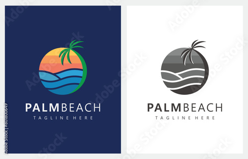 Palm Sunset Sunrise beach logo design vintage retro vector icon illustration