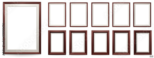 Set of dark brown modern frame isolated on white background. Realistic rectangle frames mockup. Classic Photo wooden frame. Borders set for painting, poster, photo gallery. 3d vector illustration.