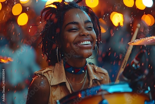 Young woman happily plays the drum set in the rain It convey that even though the activity go against her appearance, she is still able to have fun with it. Suitable for phrase "The show must go on."