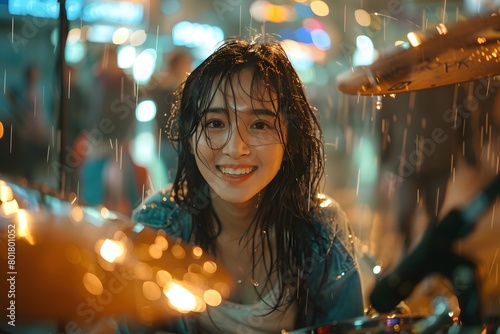 Young woman happily plays the drum set in the rain It convey that even though the activity go against her appearance  she is still able to have fun with it. Suitable for phrase  The show must go on. 