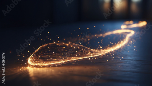  a photo of a glowing, curved path of orange and yellow light on a dark background. There are sparkles and light reflecting on the surface. photo