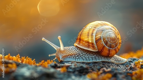 A close shot of snail with its spiral shell among nature and a big empty space for text or product advertisement background, Generative AI.