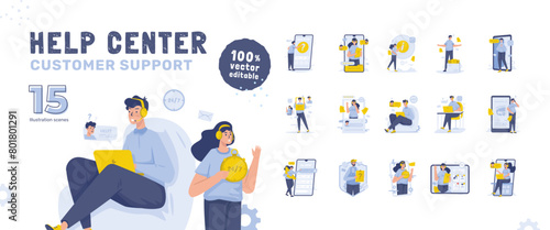 Customer support help center vector illustration collection set