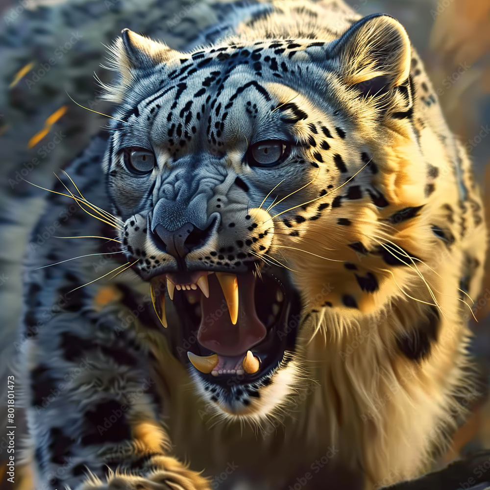 Digital Painting of Snow Leopard Showing His Canine Digital Painting of Snow Leopard Showing His Canine