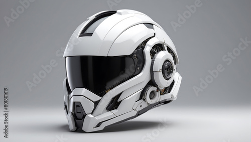 A futuristic cybernetic helmet on a white background with a gray background, modern stylized intricate high tech helmet © mdaktaruzzaman