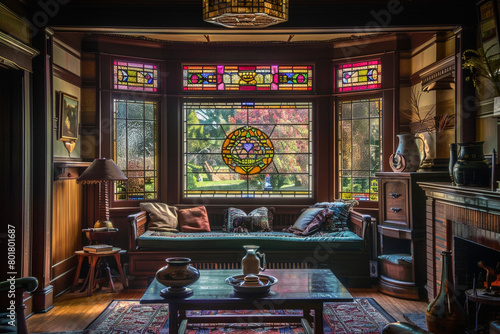 The original stained glass window of an antique craftsman house, casting colorful light across an interior filled with period furnishings and heirloom decorations.