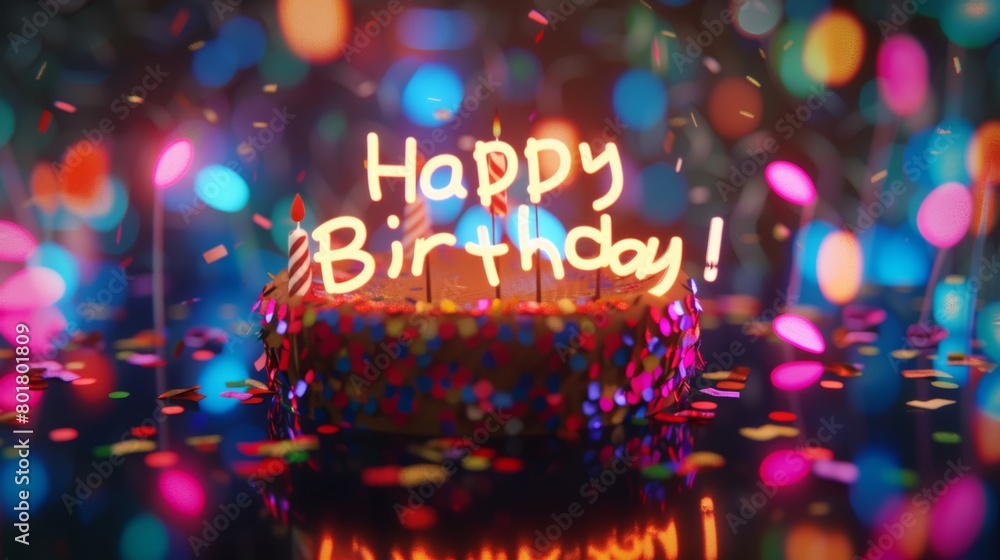 Colorful birthday cake with candles, surrounded by a sparkling light background. Colorful birthday cake with candles, surrounded by a sparkling light background.