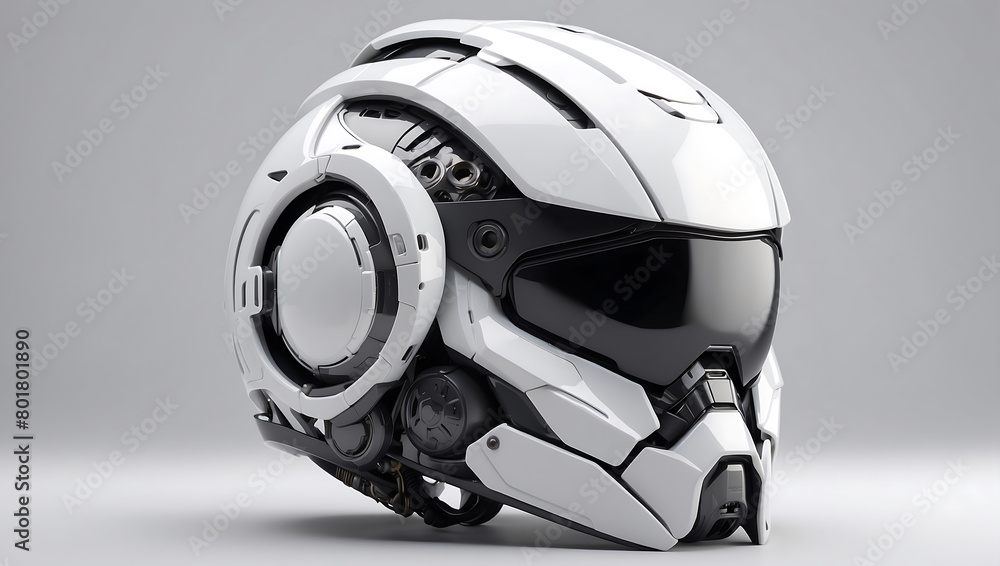 A futuristic cybernetic helmet on a white background with a gray background, modern stylized intricate high tech helmet A futuristic cybernetic helmet on a white background with a gray background, modern stylized intricate high tech helmet