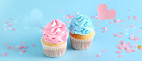 Delicious cupcakes with blue and pink frosting on color background. Gender reveal party concept