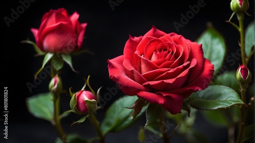 A vibrant red rosebud just beginning to unfurl its delicate petals against a dark background 
