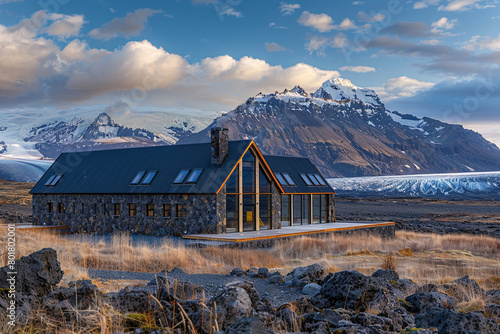 An Icelandic farmhouse with modern architecture, using local stone and wood, set against the backdrop of glaciers and volcanic fields.