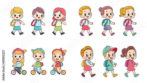 set of children walking and riding
