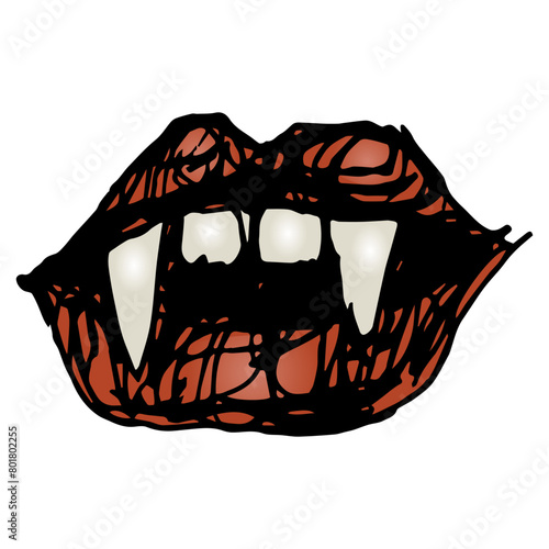 Mouth of vampire with red lips and sharp fangs. Hand drawn colorful rough sketch. Isolated vector illustration.